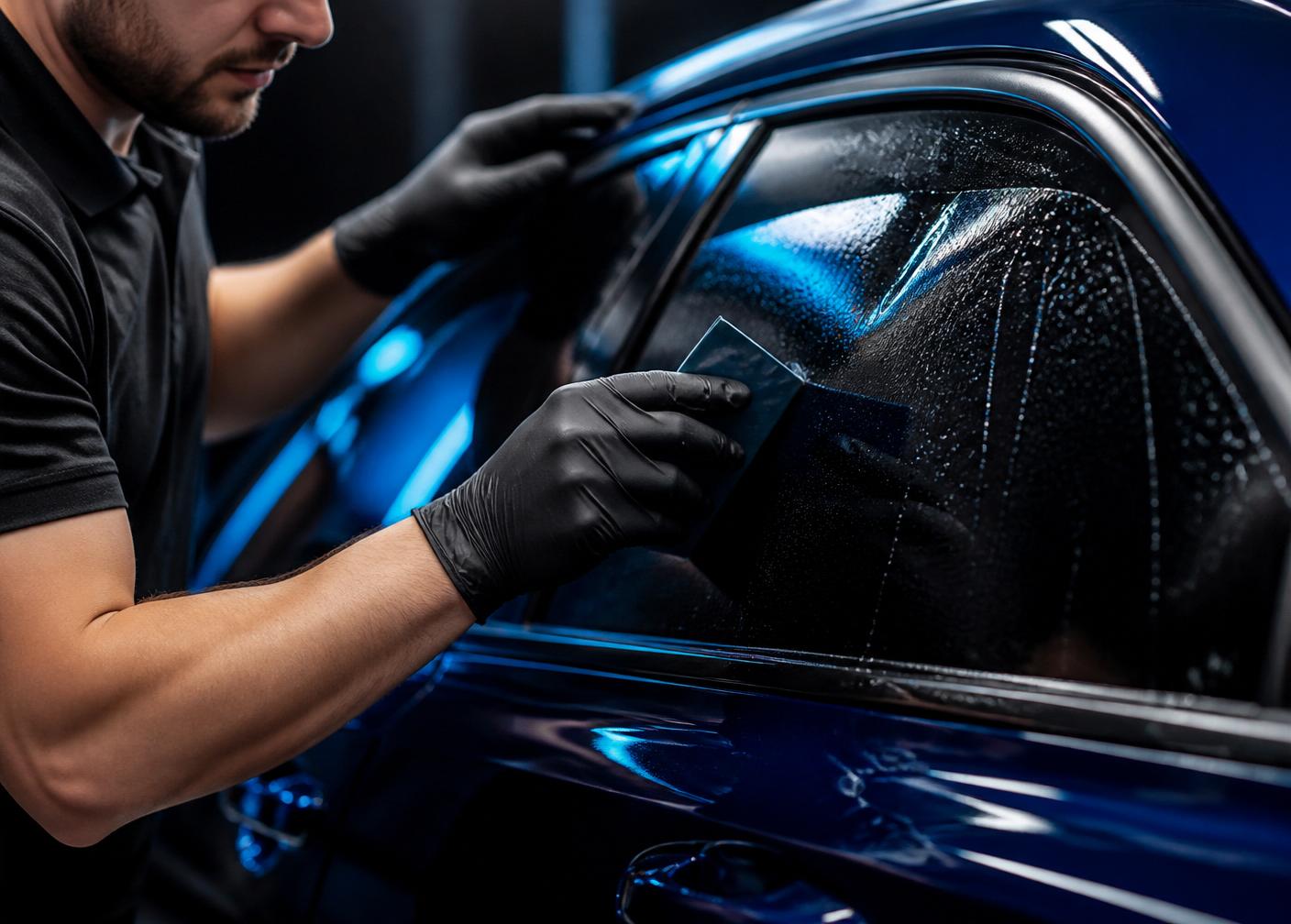Installer applying ceramic tint film to a car window
